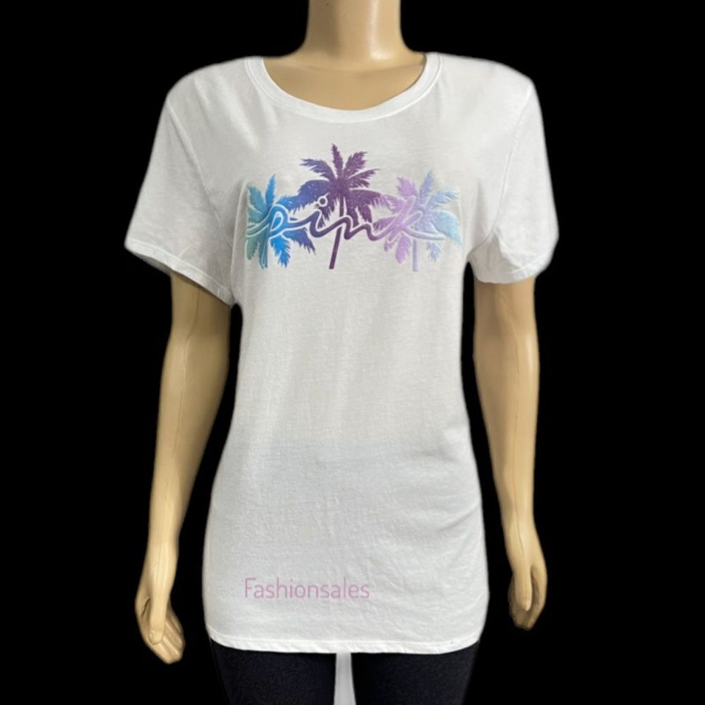 Victoria’s Secret Pink Everyday Crew Neck T-shirt Shimmer Palms White